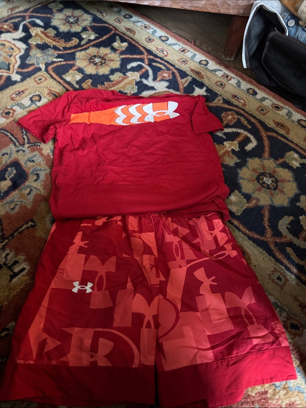 Under Armour Red and Orange Athletic Tee & Camo Shorts